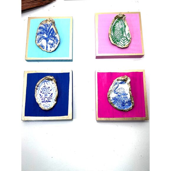 Original HandPainted Oyster Art 5x5 Wooden Block Pink Flamingo Gold Art Beach - Picture 3 of 6